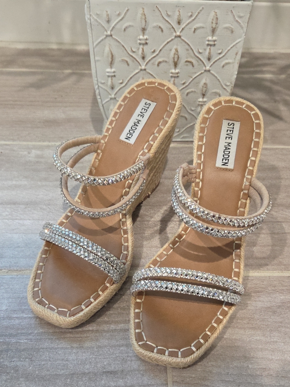 Steve Madden Tan Espadrille Wedge Sandals with Silver Rhinestone Straps